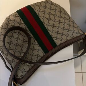 Gucci Monogram Beige and Brown Bag with Red and Green Stripe